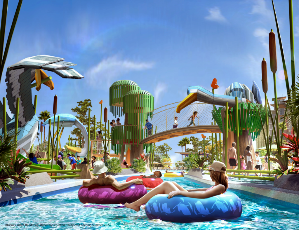 First-Look-at-The-Wetlands-at-Disney-Lakeshore-Lodge-1404x1080 - Vacation Club Life Outdoor water park with inflatable inner tubes on a winding lazy river and futuristic green structures in the background; people relaxing and playing in sunny weather.