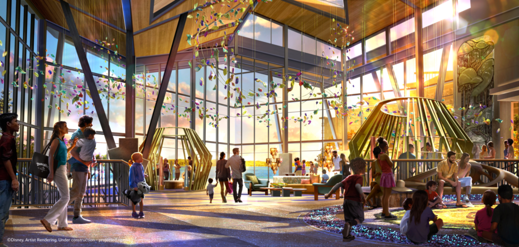Interior-Lobby-1536x730 - Vacation Club Life Concept rendering of a bright Disney resort lobby with glass walls, colorful hanging leaf garlands, and guests walking, talking, and sitting around a circular fountain.