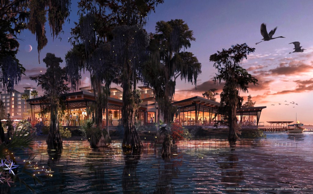 Moonglade - Vacation Club Life Dusk waterfront dining pavilions among moss-draped trees, with guests dining, string lights, and a crescent moon over calm water.