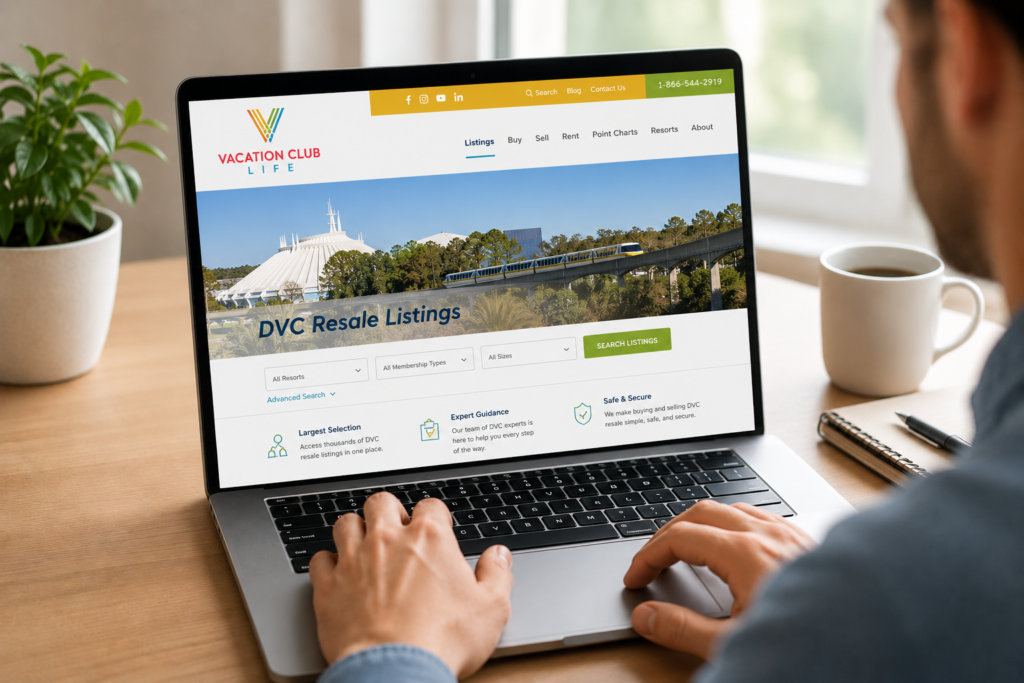 Laptop screen displays a travel site with a prominent'DVC Resale Listings' banner and search filters, while a person types on the keyboard.