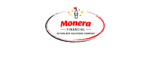 Monera Financial logo featuring red 'Monera' wordmark and a circular brush stroke, with small star and lamp icon and the subtitle 'Keyholder Vacations Company' beneath.