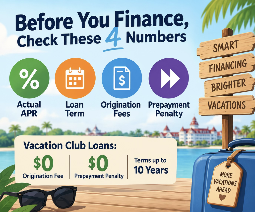 Infographic about vacation financing: four key numbers (APR, loan term, origination fee, prepayment penalty) with a beach backdrop and signs for smart financing and vacations ahead.