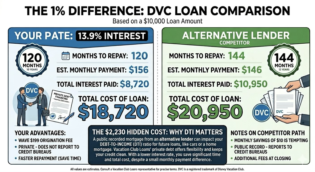 Two-column infographic comparing loans: left shows DVC loan (13.9% rate) with 120 months, 6 monthly, ,720 interest, ,720 total; right shows an alternative lender (144 months) with 6 monthly, ,950 interest, ,950 total.